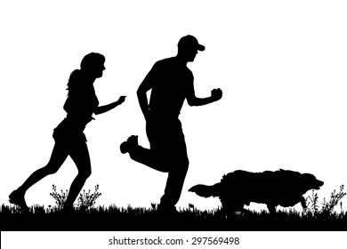 Vector silhouette of a couple with a dog on a meadow.