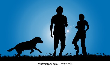 Vector silhouette of a couple with a dog on a meadow.