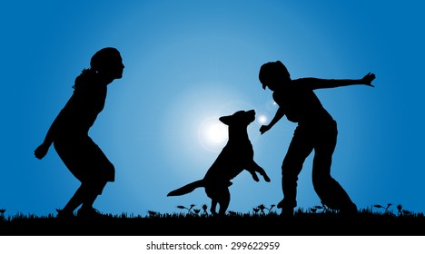 Vector silhouette of a couple with a dog on a meadow.