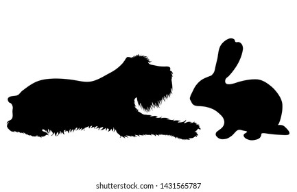 Vector silhouette of couple of dog and rabbit. Symbol of animal friends on white background. Farm life.