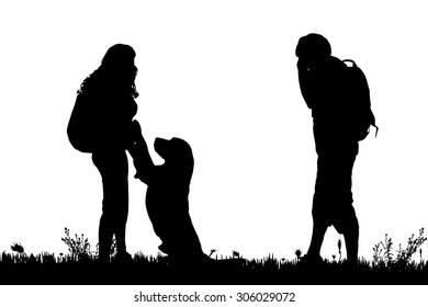 Vector silhouette of a couple with dog for a walk.