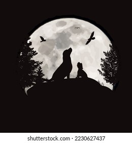Vector silhouette of couple of dogs on moon background. Symbol of night and pet animal.