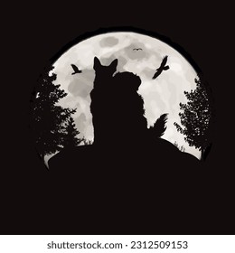 Vector silhouette of couple of dogs on moon background. Symbol of night and pet animal.