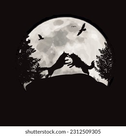 Vector silhouette of couple of dogs on moon background. Symbol of night and pet animal.