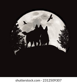 Vector silhouette of couple of dogs on moon background. Symbol of night and pet animal.