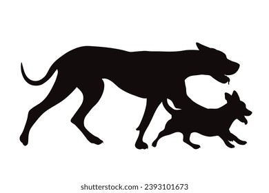 Vector silhouette of couple of dogs on white background. Symbol of pet and friendship.