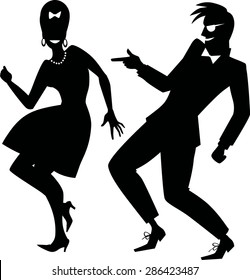 Vector silhouette of a couple dressed in early 1960s fashion dancing rock and roll, no white objects, EPS 8