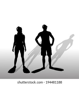 Vector silhouette of a couple with flippers and a snorkel.