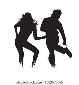 Vector silhouette of couple in the grass on white background. Symbol of girl, boy, wife, husband, dance, people, nature, park, garden.