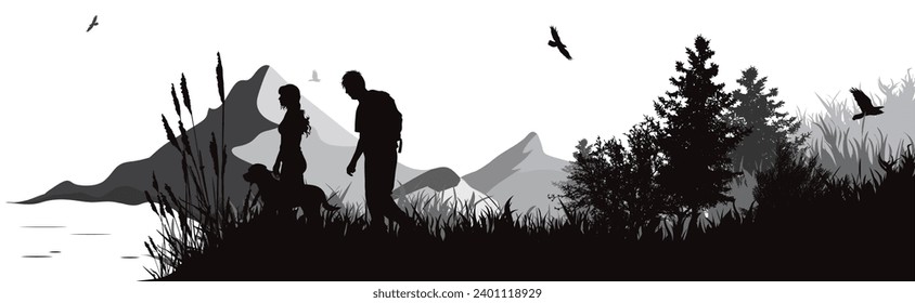 Vector silhouette of couple hiking with their dog in park with lake and mountains in the background. Symbol of nature and wild.