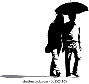 Vector silhouette of a couple Holding Umbrella on a white background, Romantic travel vacation. Joyful male and female couple lovers walking 