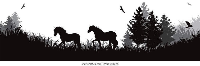 Vector silhouette of couple of horses running in park. Symbol of nature and horse riding.