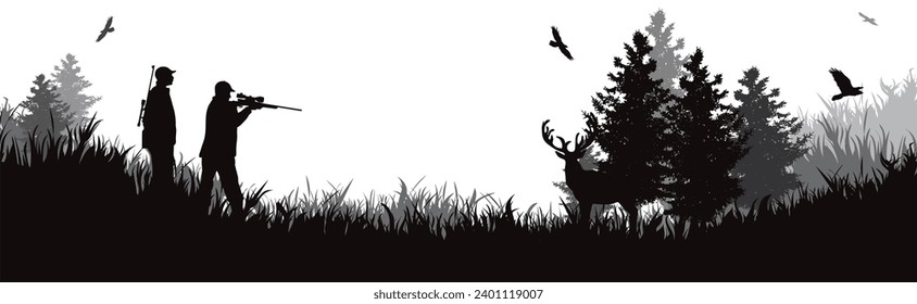 Vector silhouette couple of hunters in forest. Symbol of hunting and nature.