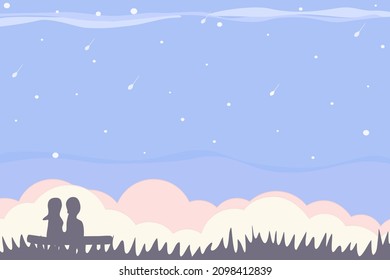 Vector - Silhouette of couple lover sitting in the park on blue sky, star, meteor (shooting star) and cloudy background. Cartoon image. Relaxing concept. Copy space. 