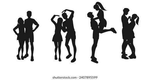 Vector silhouette couple man and woman. Collection of Romantic Couple silhouettes in different poses. Style of taking photos while on holiday together. Perfec to valentine day element. flat design