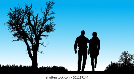 Vector silhouette of couple in nature along the beautiful days.