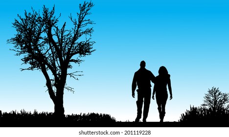 Vector silhouette of couple in nature along the beautiful days.