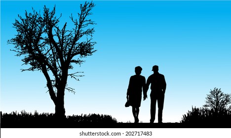 Vector silhouette of couple in nature along the beautiful days.