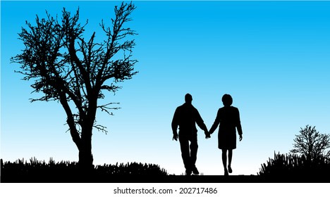 Vector silhouette of couple in nature along the beautiful days.