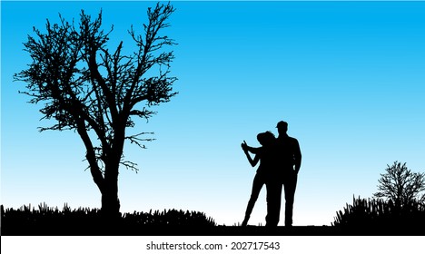 Vector silhouette of couple in nature along the beautiful days.
