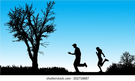 Vector silhouette of couple in nature along the beautiful days.