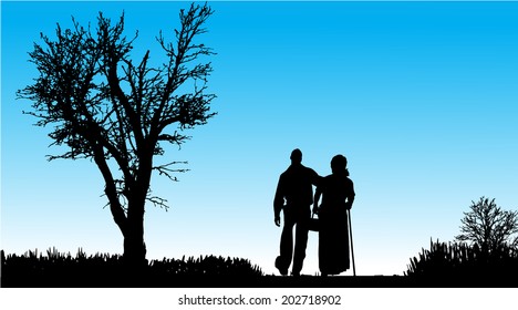 Vector silhouette of couple in nature along the beautiful days.