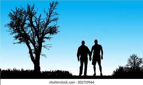 Vector silhouette of couple in nature along the beautiful days.