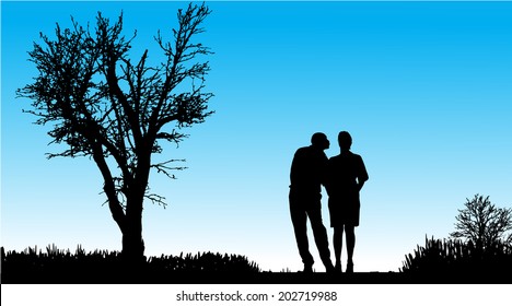 Vector silhouette of couple in nature along the beautiful days.