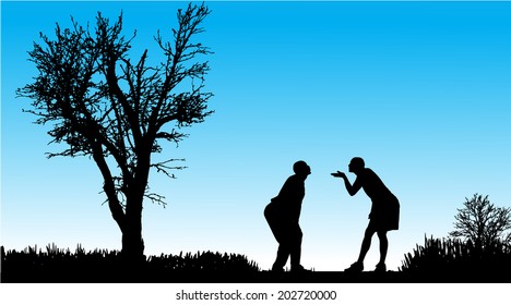 Vector silhouette of couple in nature along the beautiful days.