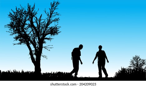 Vector silhouette of couple in nature along the beautiful days.