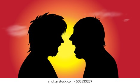 Vector silhouette of couple in nature at sunset.