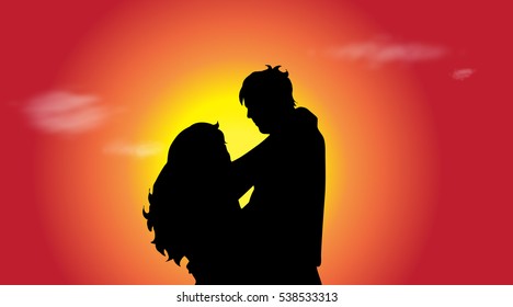 Vector silhouette of couple in nature at sunset.