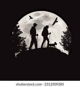 Vector silhouette of couple with nordic walking on moon background. Symbol of night and sport.