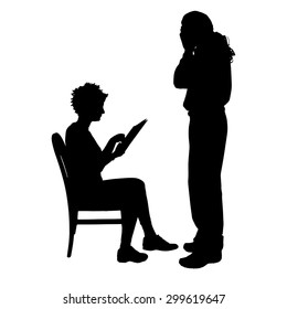 Vector silhouette of couple in office on white background.
