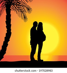 Vector silhouette of couple on beach at sunset.