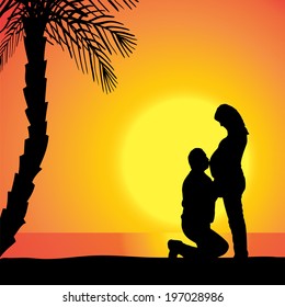 Vector silhouette of couple on beach at sunset.