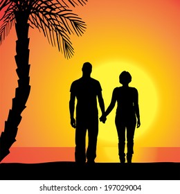 Vector silhouette of couple on beach at sunset.