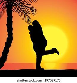 Vector silhouette of couple on beach at sunset.