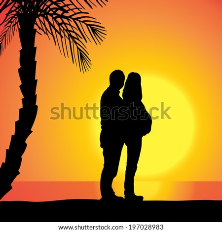 Vector silhouette of couple on beach at sunset.