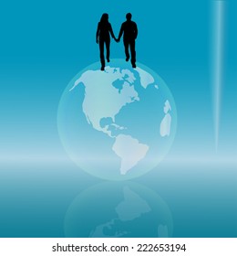 Vector silhouette of couple on the globe on the blue background.