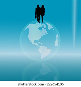 Vector silhouette of couple on the globe on the blue background.