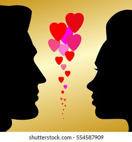 Vector silhouette of couple on a golden light background. Couple in love. Cards for Valentine's day.