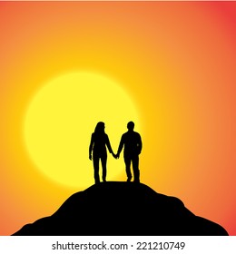 Vector silhouette of couple on a hill at sunset.