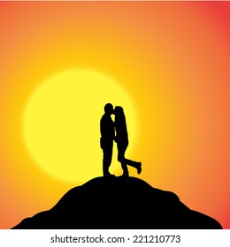 Vector silhouette of couple on a hill at sunset.
