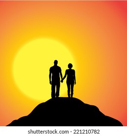 Vector silhouette of couple on a hill at sunset.