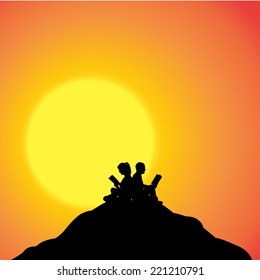 Vector silhouette of couple on a hill at sunset.
