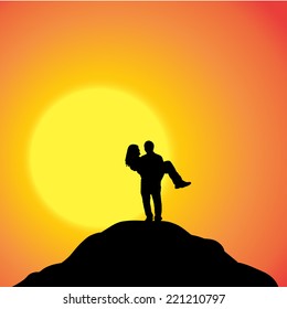 Vector silhouette of couple on a hill at sunset.