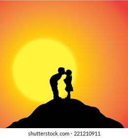 Vector silhouette of couple on a hill at sunset.