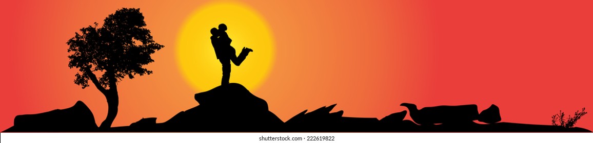 Vector silhouette of couple on a hill at sunset.