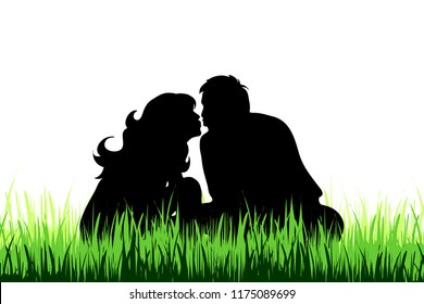 Vector silhouette of couple on the meadow.